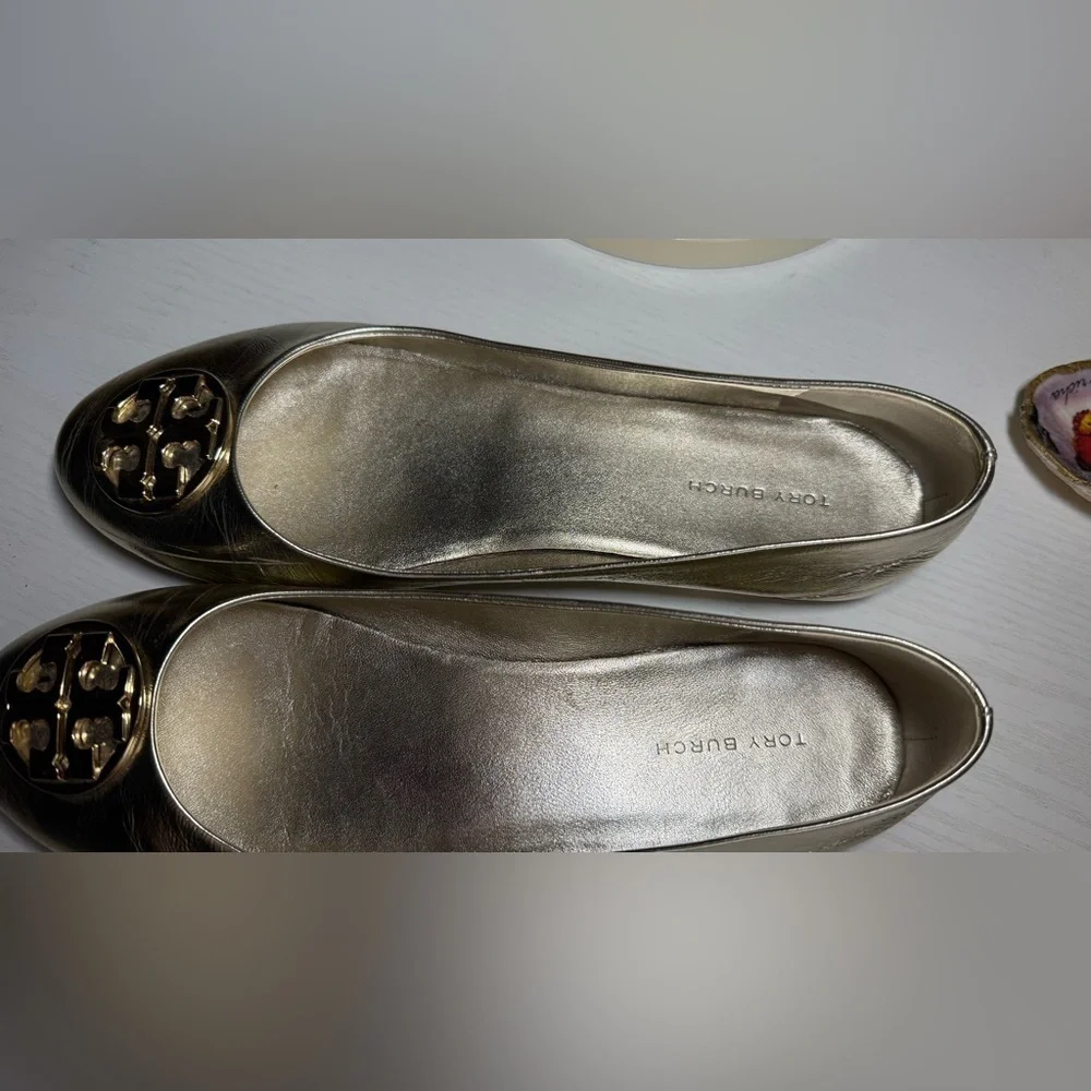 Tory Burch Metallic Gold Flats with gold logo